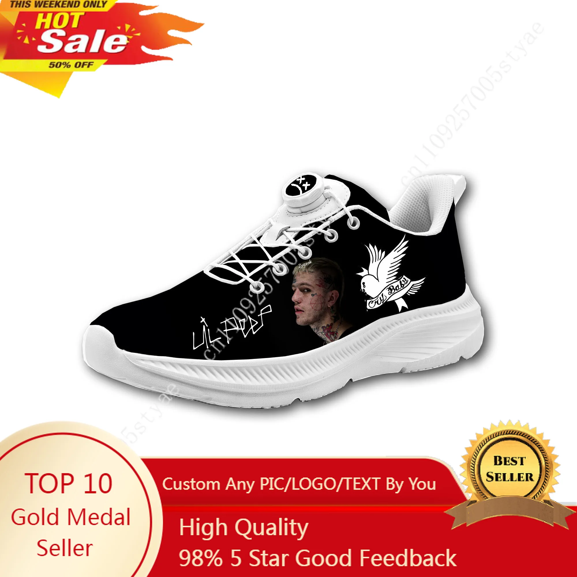 

Hot Hip Hop Rapper Lil Peep Mens Womens Casual Hiking Shoes Laceless Rotating Button Sports Shoes lightweight Custom Sneaker