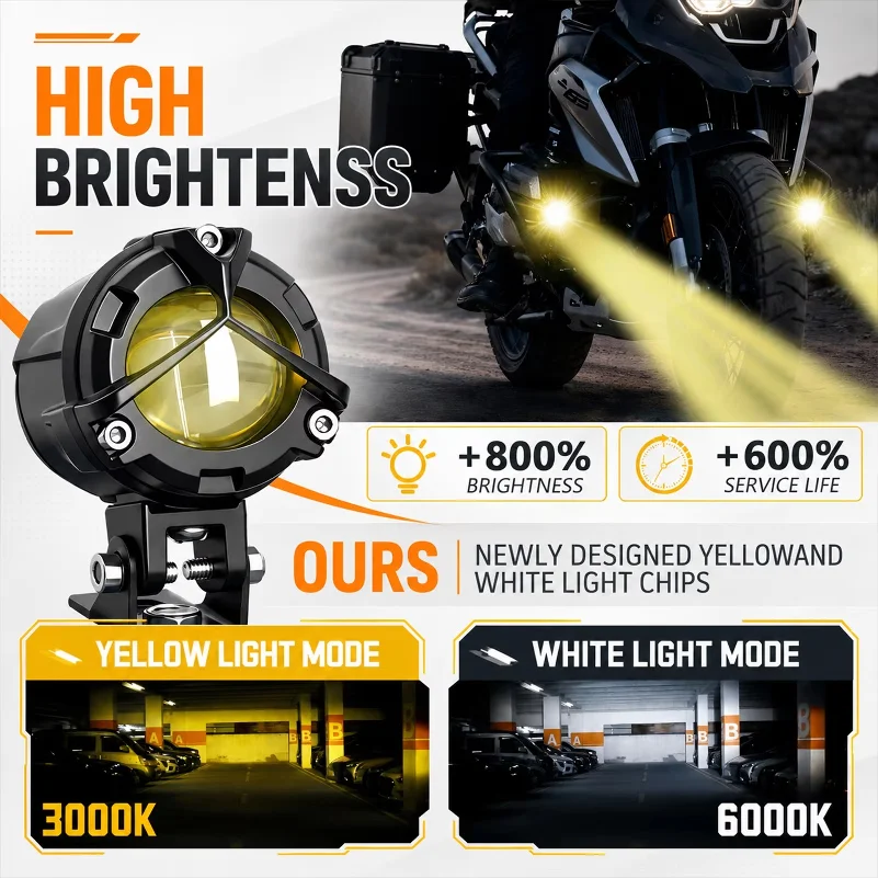2Pcs Motorcycle Headlight Fog Lights White High Yellow Low Beam 20W 3000LM 6 Modes LED Spotlight for Motorcycle Scooter Tractor