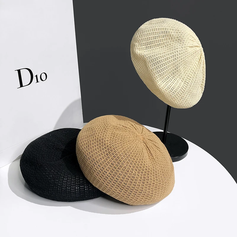 Women's Handmade Hollow Flower Woven Hat Summer Milk Silk Thin Breathable Beret Japanese Solid Color Fashion Wild Painter Hat