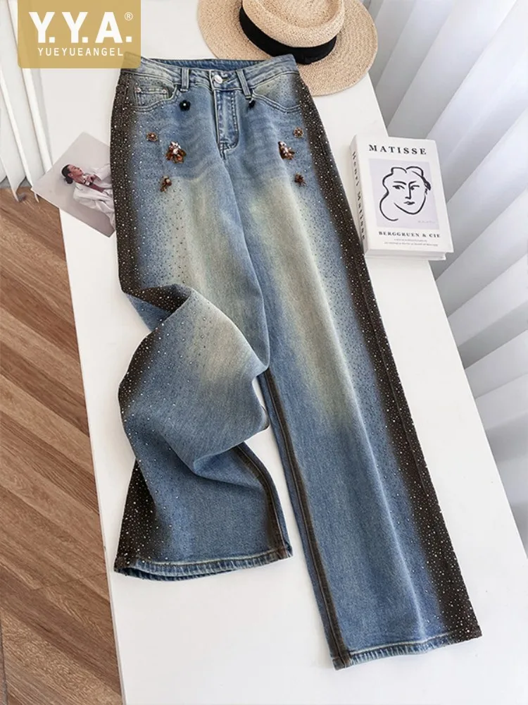 

American Style Fashion Women Diamond Design Jeans Straight Trousers High Waist Wide Leg Designer Ladies Full Length Denim Pants