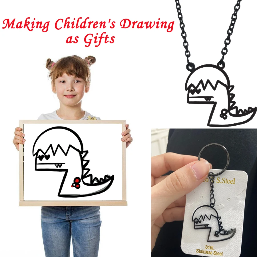 

Freeteem Custom Kids Drawing Necklace Keychains Bracelets Stainless Steel Children Picture Artwork Kindergarten Gift for Mom Dad