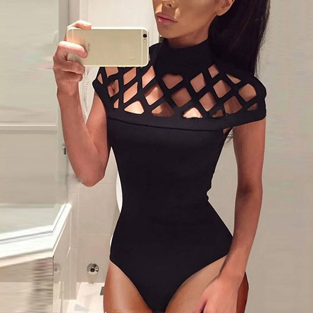 

Black Hollow Out Fishnet Bodysuit For Women High Neck Bodycon Jumpsuit Short Sleeve Playsuits Summer Solid Rompers Body Suit