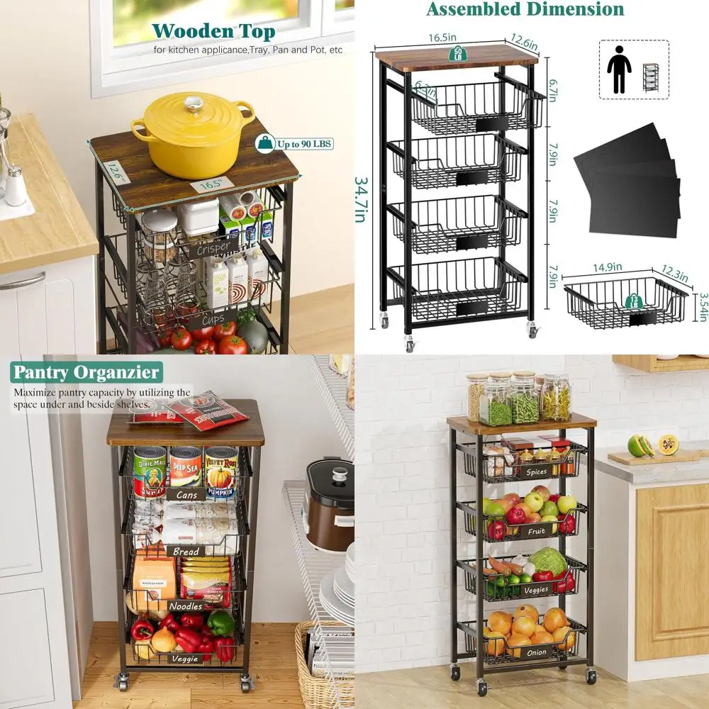 

Rolling Kitchen Cart with 5-Tier Storage, Pull-Out Baskets, and Wooden Top for Pantry and Dining Room