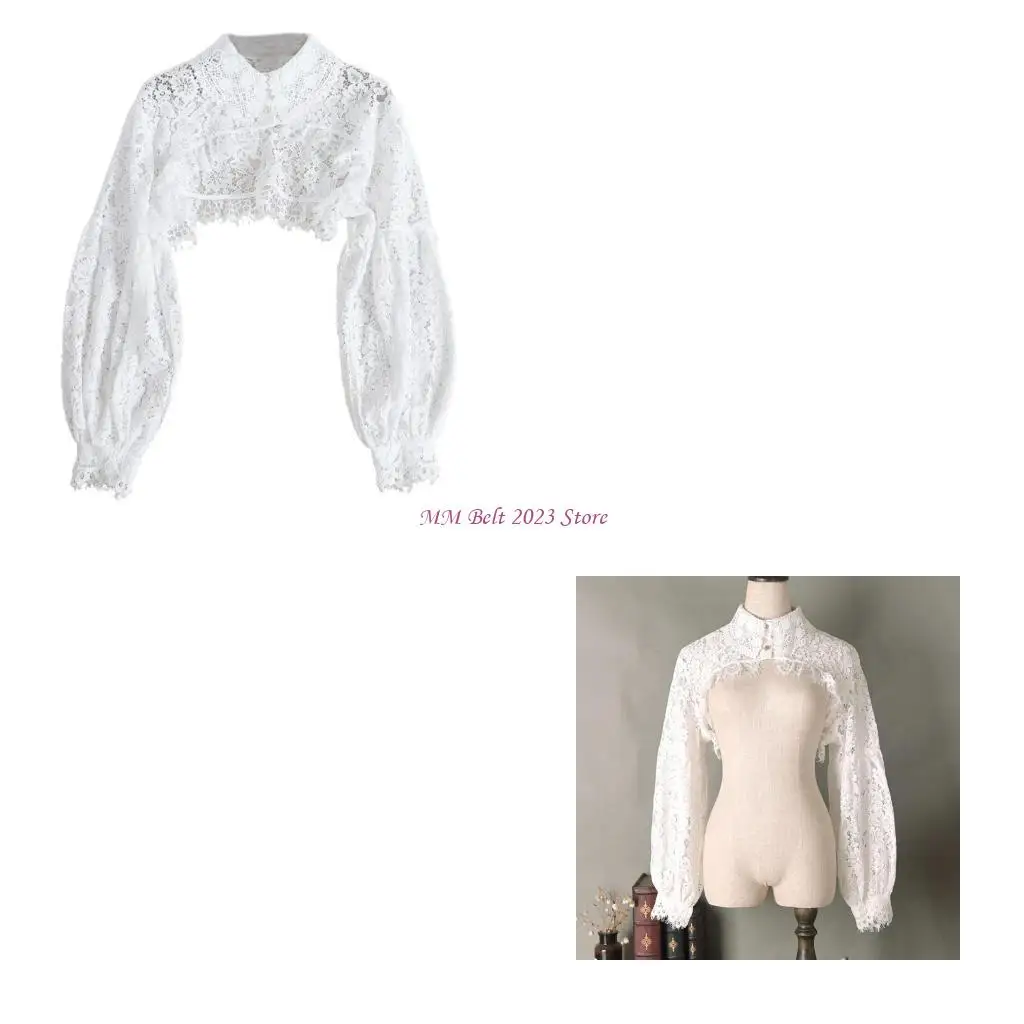 49me-女性パフ長袖ラペルハーフトップブラウス中空アウトまつげ花レース取り外し可能な偽偽襟ディッキーセーター