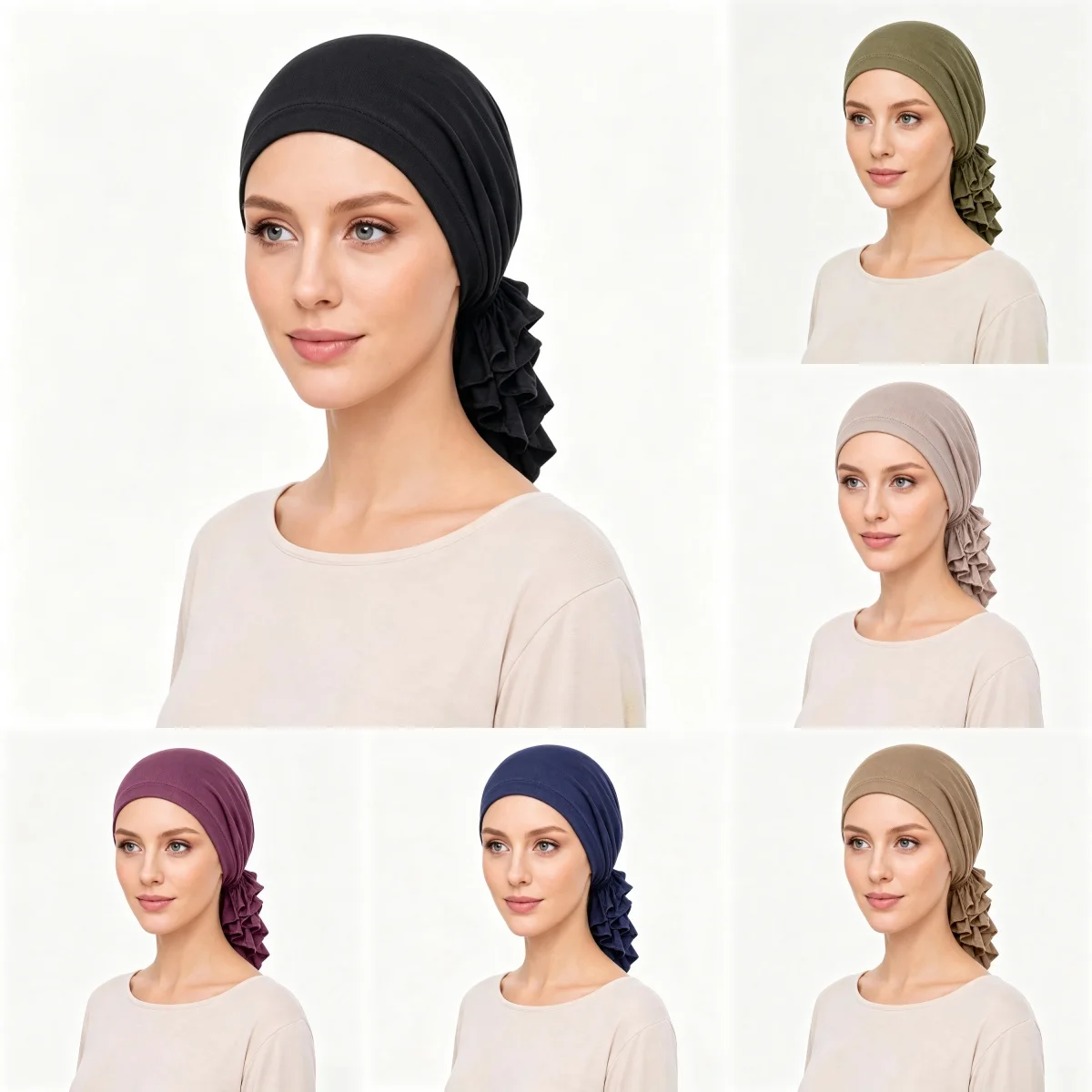 2026 New Elastic Women Ruffle Turban Caps Muslim Headscarf Bonnet Pre-Tied Hijab Headwrap Cap Soft Lady Hair Loss Chemo Cap