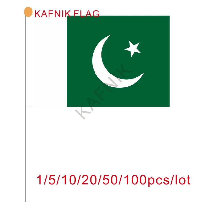 KAFNIK, 10/20/50/100 stücke Pakistan Hand Winken Flagge 14*21 cm Pakistan Kleine Nationalen Fahnen mit Kunststoff Fahnenmasten – Detail 1