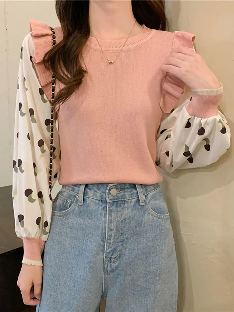 Jmprs Chiffon Patchwork Knitted Sweaters Women Fashion Long Sleeve Sweet Pullovers Korean O Neck Slim All Match Casual Jumpers