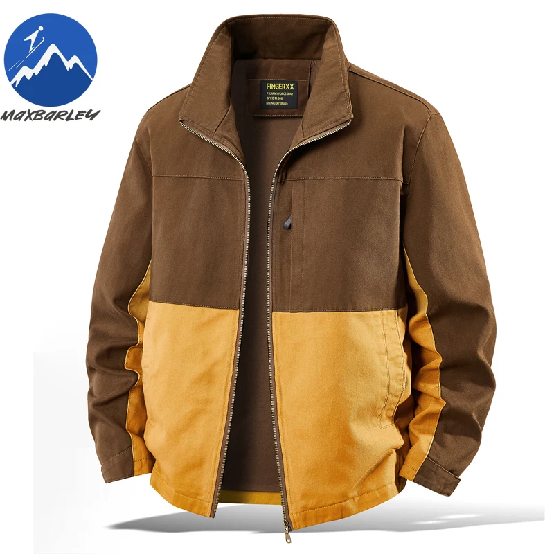 

2026 New Spring Autumn Mens Jacket Pure Cotton Thin Color Block Stand Collar Casual Loose Fit Plus Size Workwear Utility Coat
