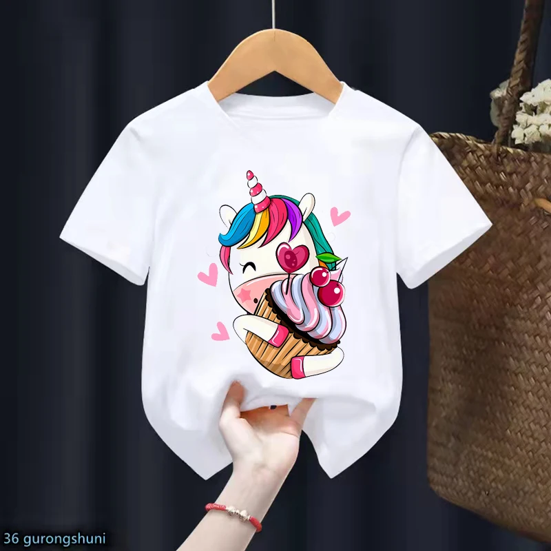 Lovely Unicorn Love Ice Cream Print T-Shirt For Girls Harajuku Kawaii Kids Clothes Summer Stylish Tshirt Children Clothing Tops