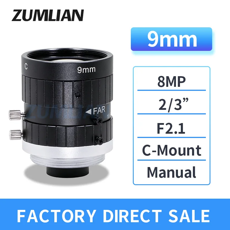 9mm C-Mount 2/3 Inch F2.1 FA Industrial Camera Lens 8MP Wide-angle Manual Focus Low Distortion Machine Vision Lens