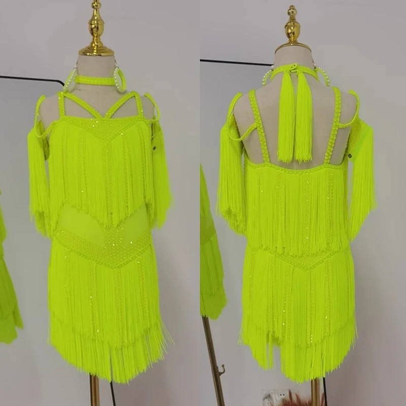 Fluorescent Yellow Latin Dress Girls Summer Fringe Dancing Dress Kids Professional Competition Costume Samba ChaCha Clothes 2646