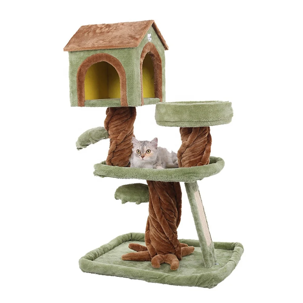 Multi-Level Cat Stand Tower House, Wood Cat Climbing Frame Tree, Plush Cat Litter Climbing Tree