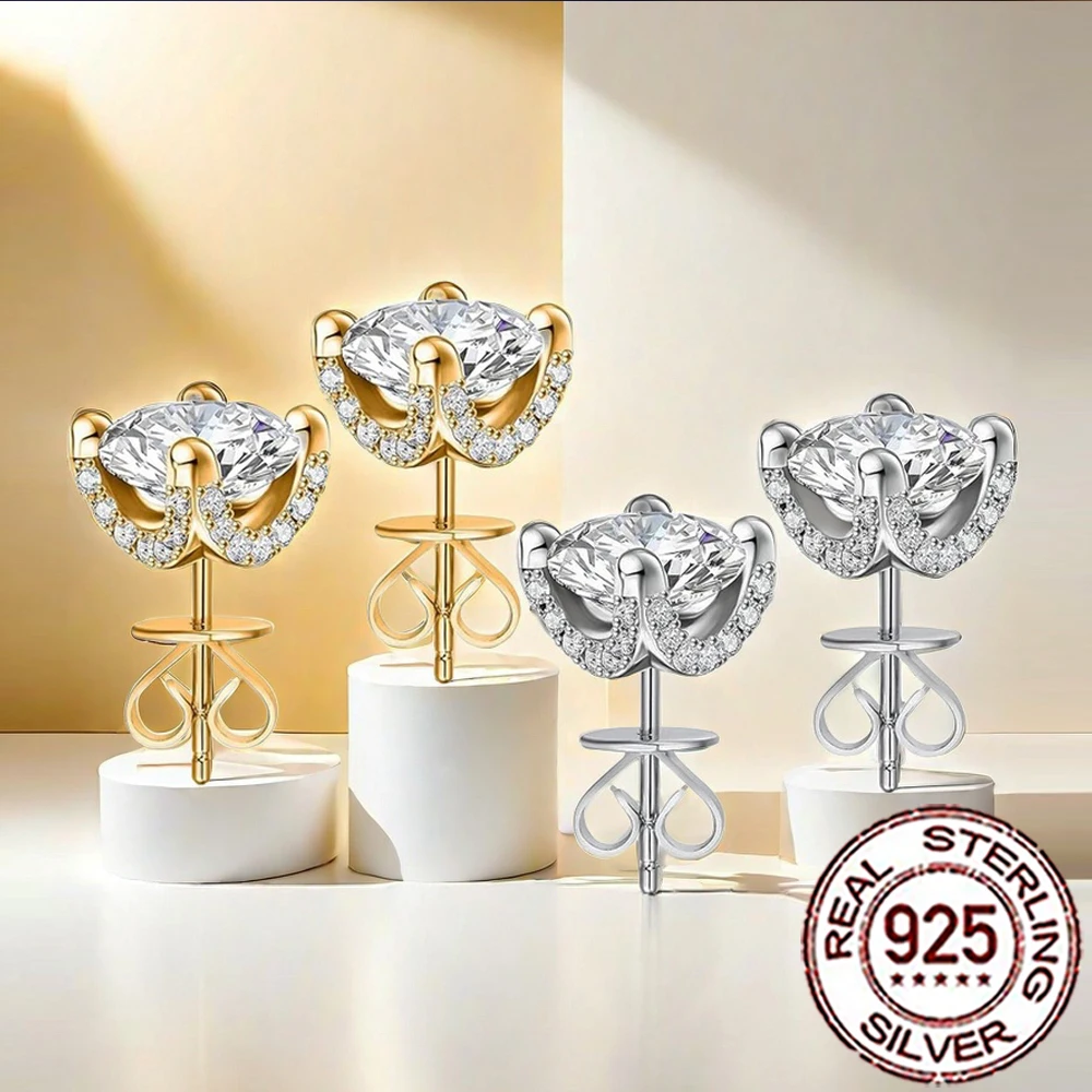 

QooLady High Quality 925 Sterling Silver Shining Round CZ Pave Trendy Stud Earrings for Women Wedding Party Fine Jewelry SE086