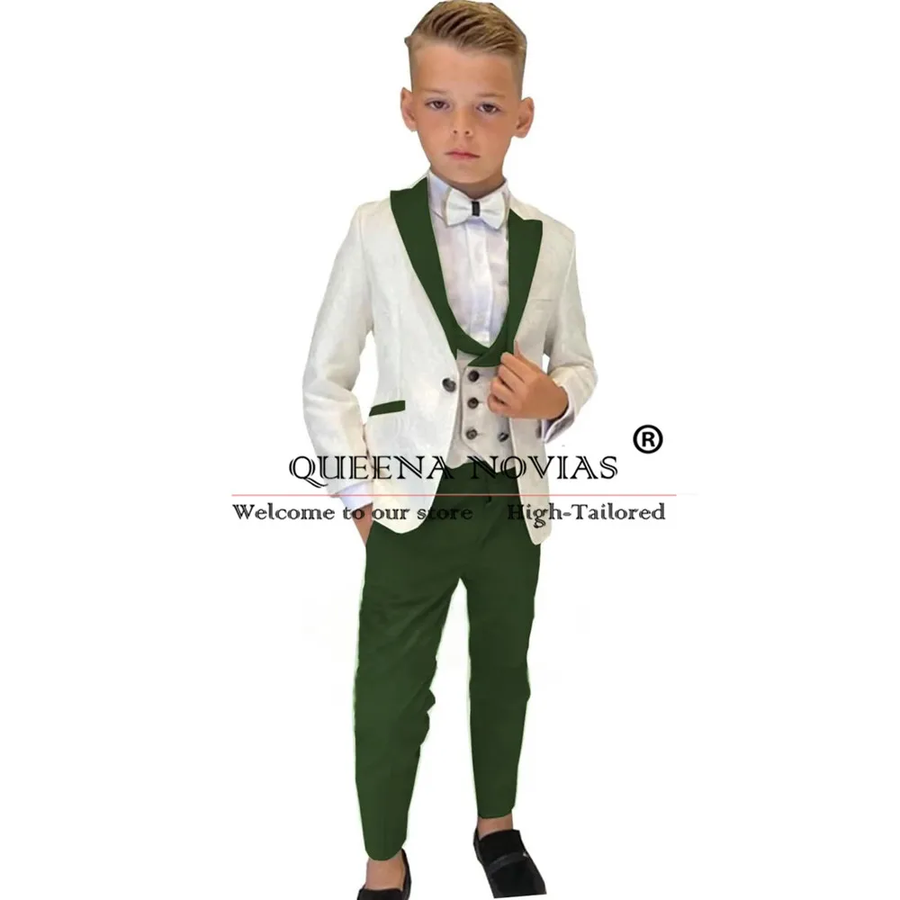 Trajes de lujo para niños para fiesta de boda, solapa de pico rojo, chaqueta floral de marfil, chaleco, pantalones, conjuntos de 3 piezas, esmoquin para niños, hecho a medida