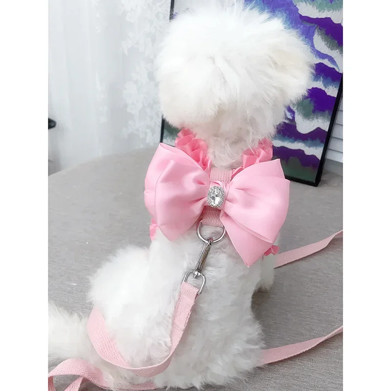 Puppy Dog\'s Harness Traction Rope Cute Korean Pink Bow Harness Rope Set for Small Medium Dog Yorkshire Outerdoor Leashes Harness