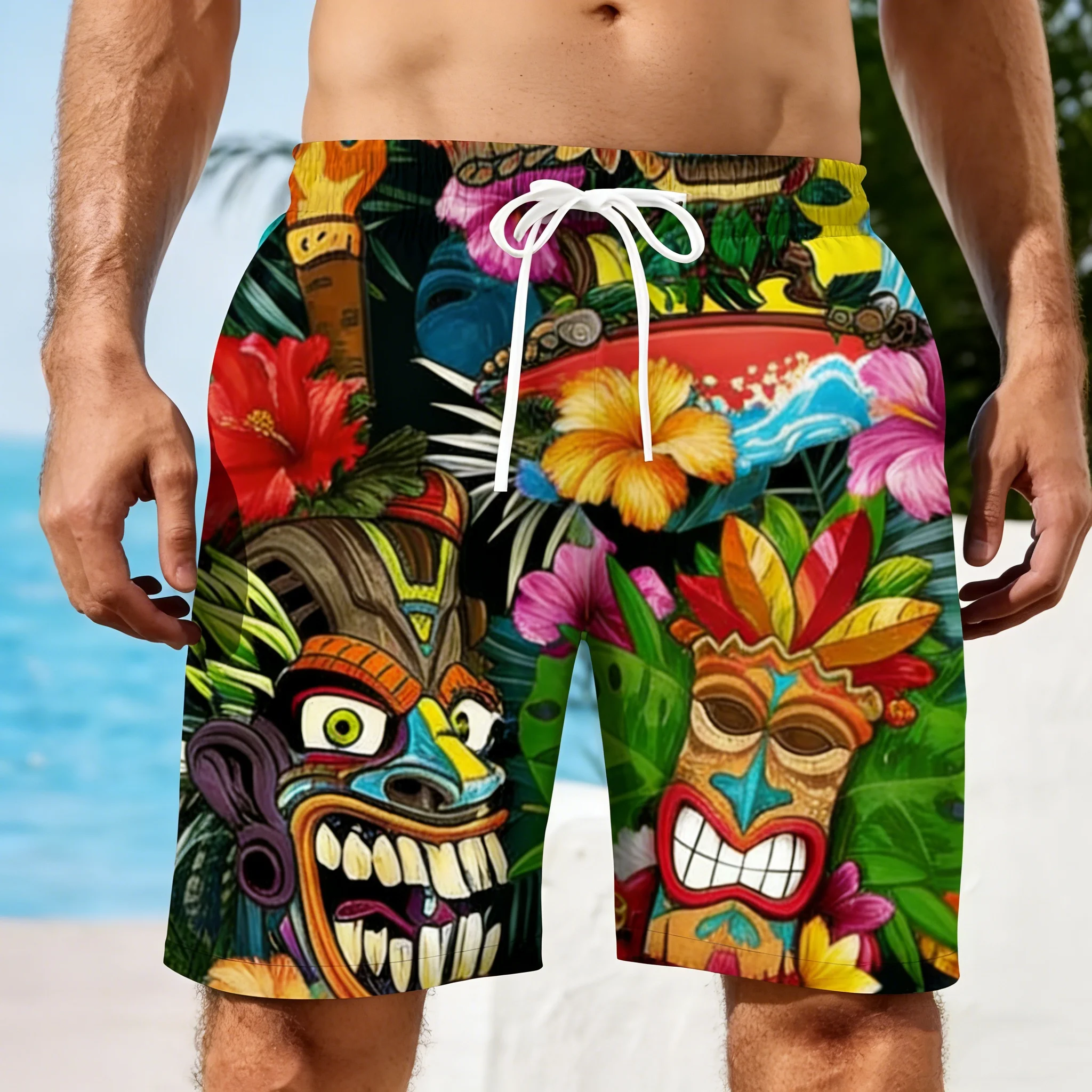 

Мужские пляжные шорты с гавайским принтом, яркие плавки с тропическим цветочным узором, быстросохнущие повседневные летние шорты на шнурке для мужчин