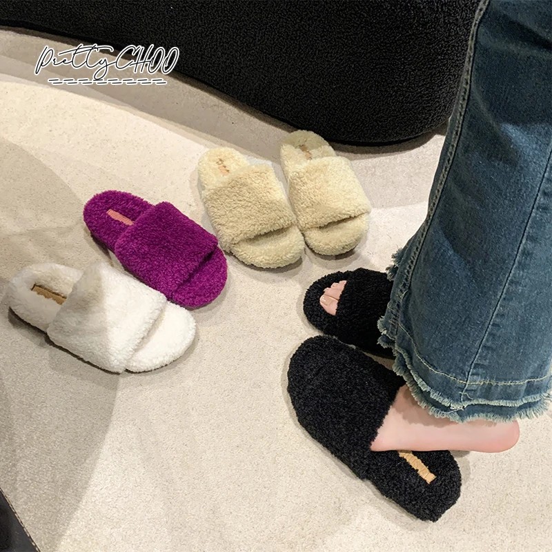 Viola Lambswool Slide muli donna suola spessa pantofole di pelliccia di orsacchiotto riccio moda donna sandali di peluche soffici scarpe da casa