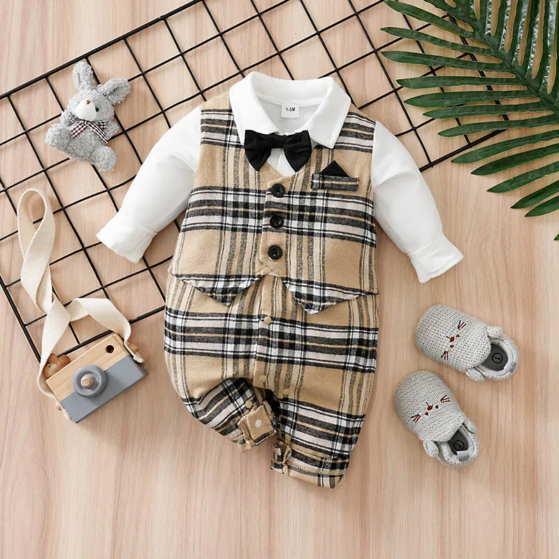 

Newborn Baby Boy Clothes white baby onesie with khaki check print One-piece Vest gentleman's spring and autumn pajamas