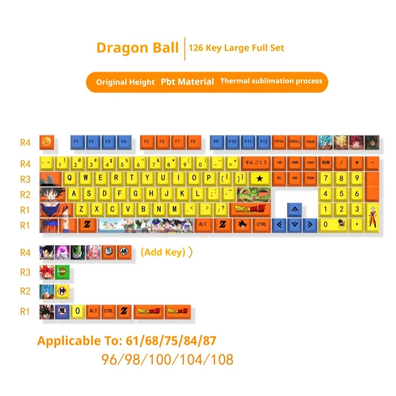 New Dragon Ball Themed Keycaps 126 Keys Cherry Profile Pbt Thermal Sublimation Mechanical Keyboard Anime Peripherals Red Keycaps