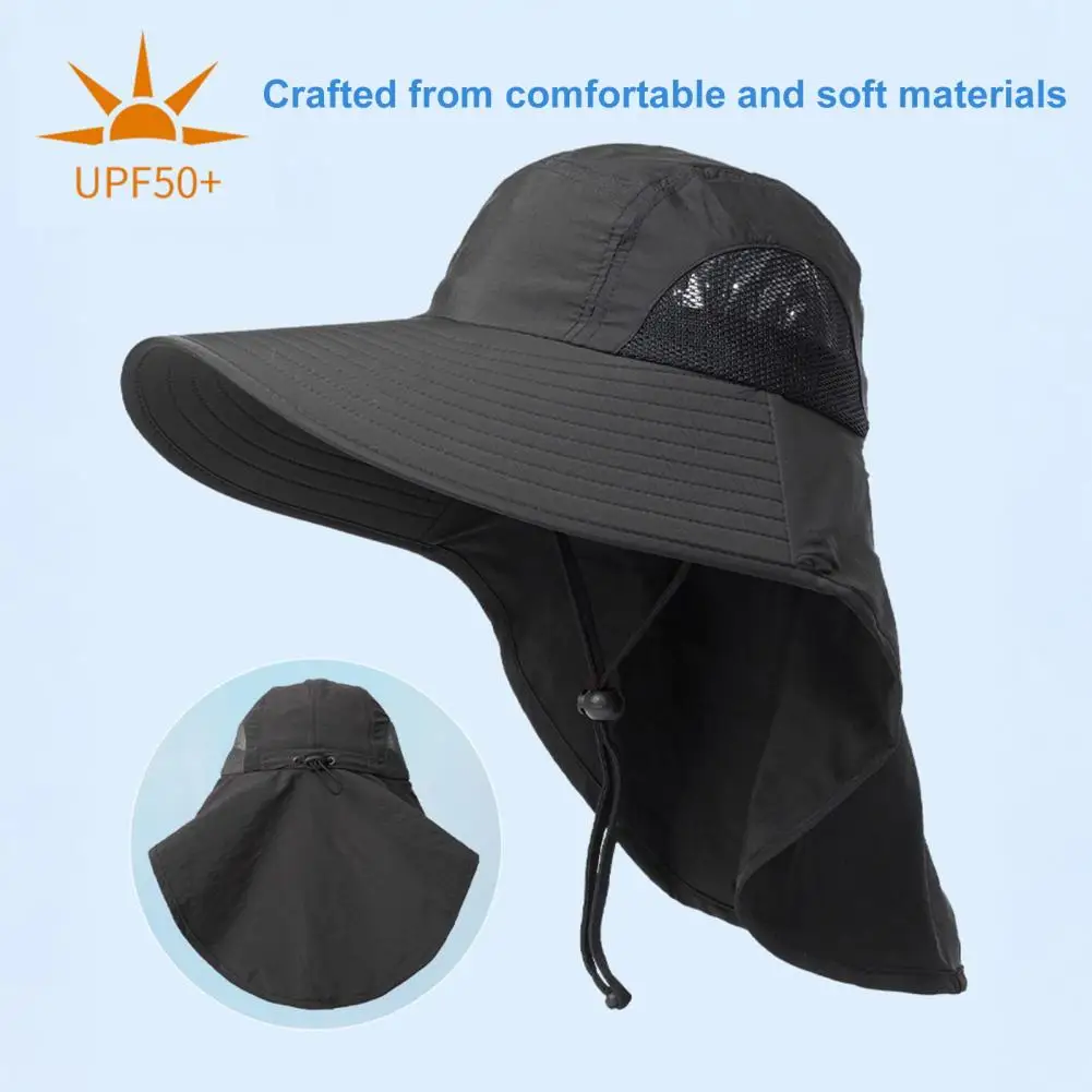 Men Outdoor Hat with Neck Cover Hollow Mesh Windproof Chin Strap Anti-UV Sunscreen Great Breathability Camping Fishing Cap