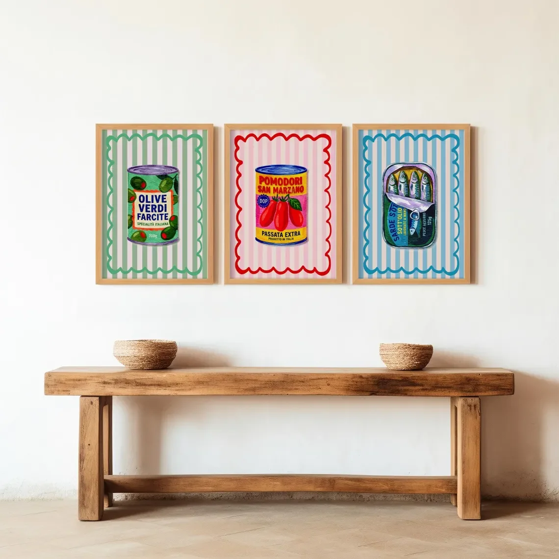 Retro Kitchen Italian Print Set, Sardines, Olives, Tomatoes, Food Prints for Dining Room, Blue Striped Sardines Print, Lemons Pa