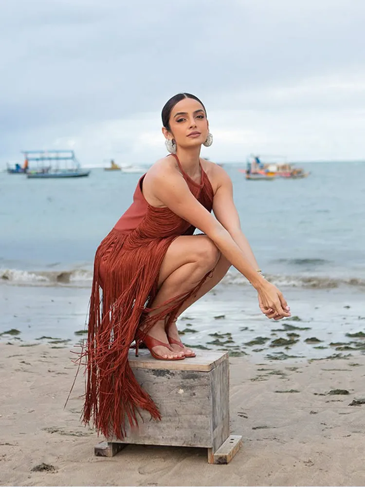 Vestido Halter sin mangas de Color sólido con borlas para mujer, vestido Midi multicapa para mujer, bata de cóctel, moda Sexy, nuevo 2025