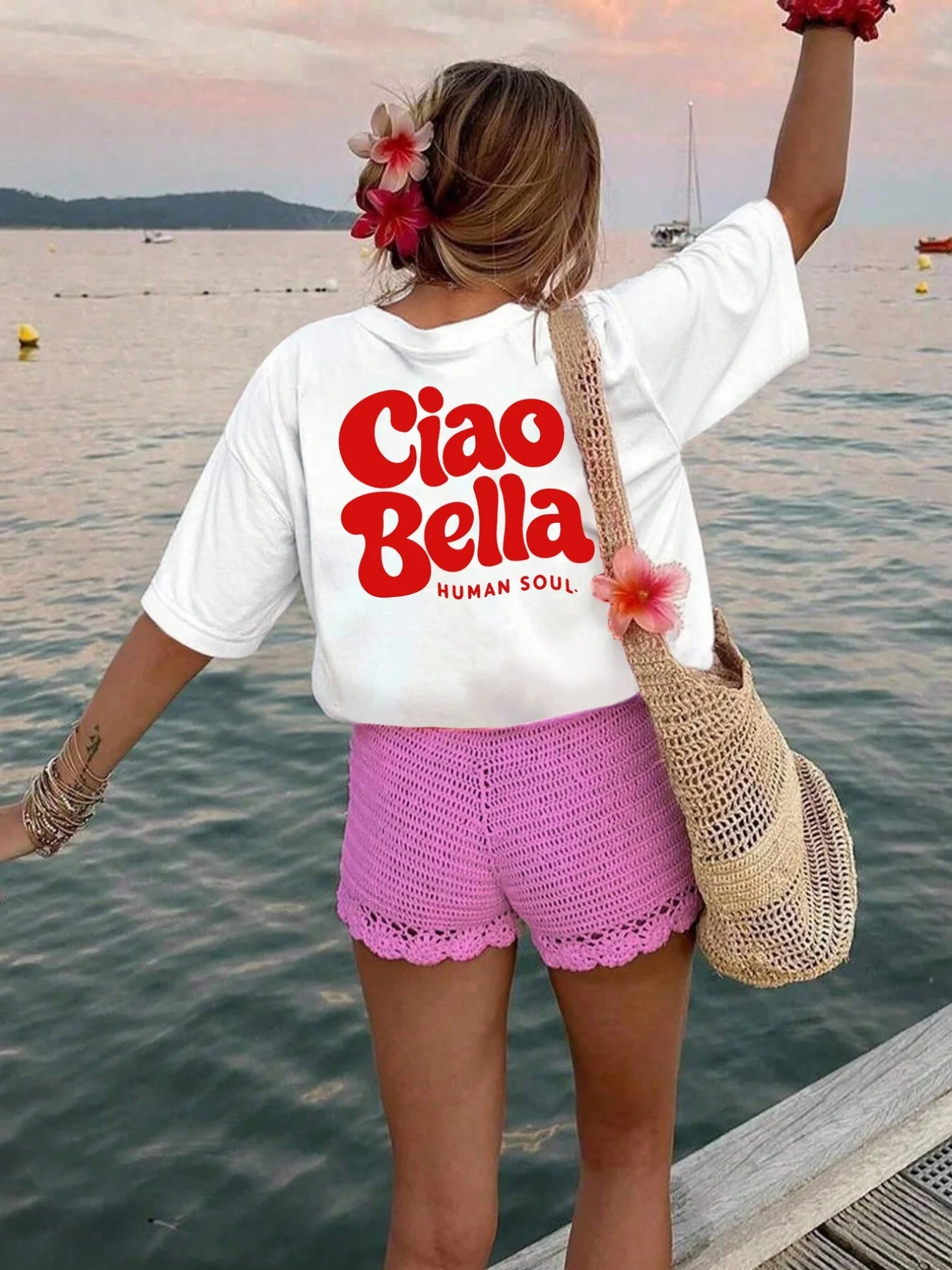 Double Sided Ciao Bella T-Shirt Women Trendy Back Graphic Streetwear Tee Summer Fashion Loose O-Neck Pullover Top Aesthetic