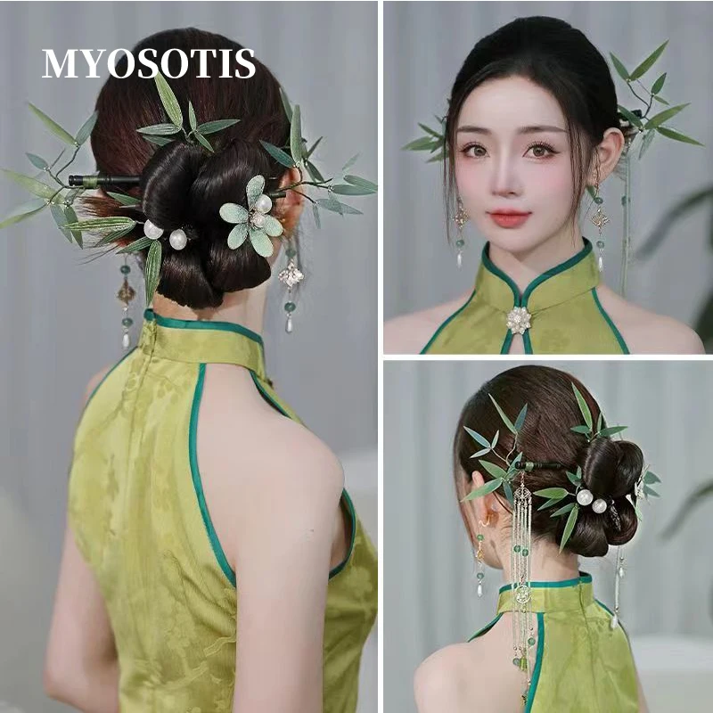 Handmade Green Bamboo Leaf Hairpin Suit Hanfu Headdress Bridal Wedding Hair Jewelry Accessories