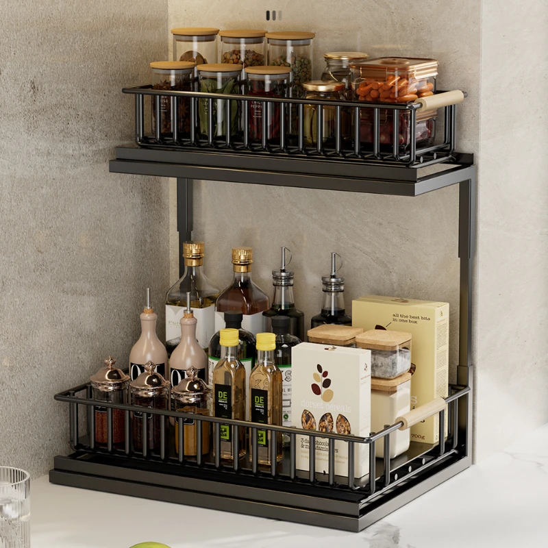 2 Tier Under Sink Storage Organizer Pull Out Multifunctional Storage Shelf Cabinet Spice Rack for Kitchen Under Sink