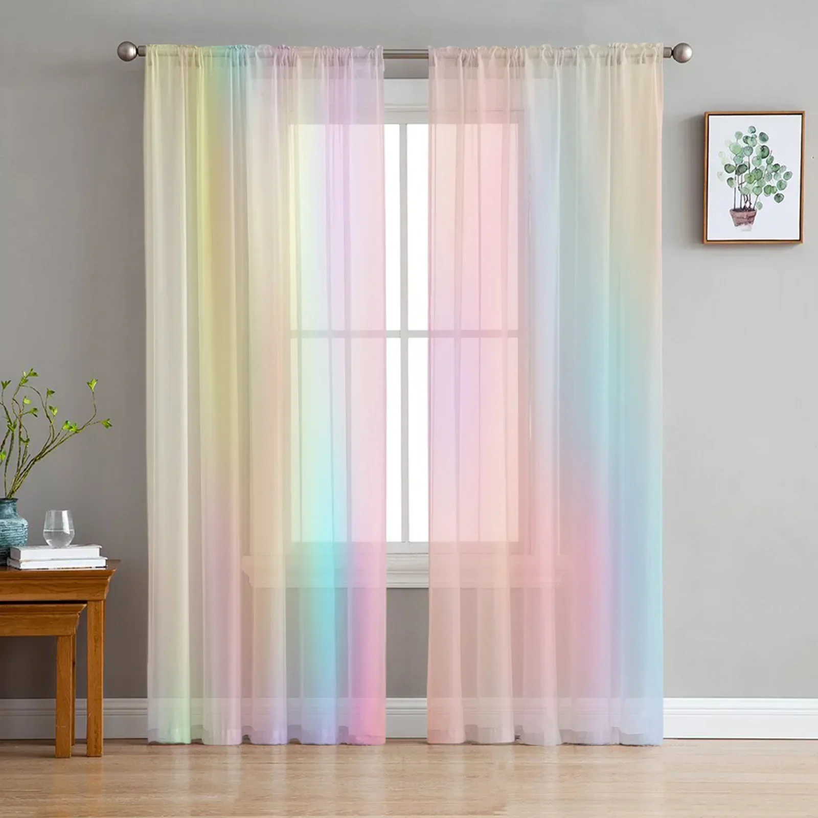 

2pcs Youth Bedroom Transparent Curtains Rainbow Pink Study Curtains Living Room Holiday Decoration Sheer Curtains