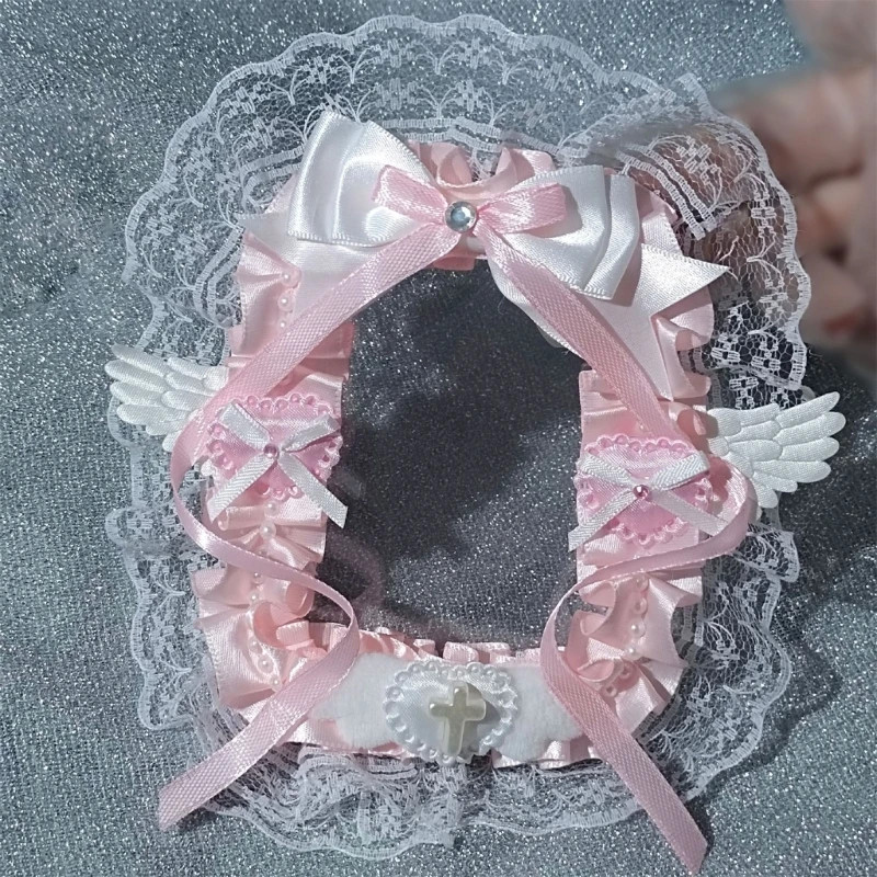 Angel Wing Ruffled Lace Trim Photocard Case Lace Ribbon Bowknots Photo Card Holder with Beads Chain Photocard Protector