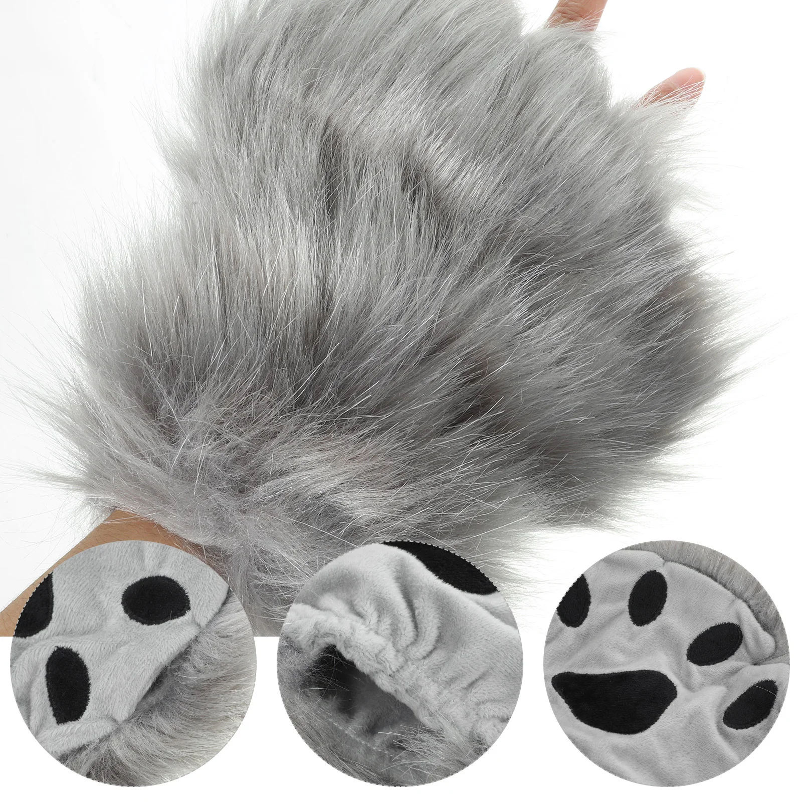 

Pair of Halloween Grey Animal Paw Gloves Long-Haired Half Finger Warm Mittens for Winter Paws Gloves Faux Mitten