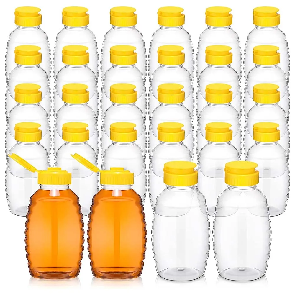 24 Pcs Clear Plastic Honey Bottles Plastic Skep Style Jar Honey Squeeze Bottle Refillable Honey Dispenser with Flip Top Lids