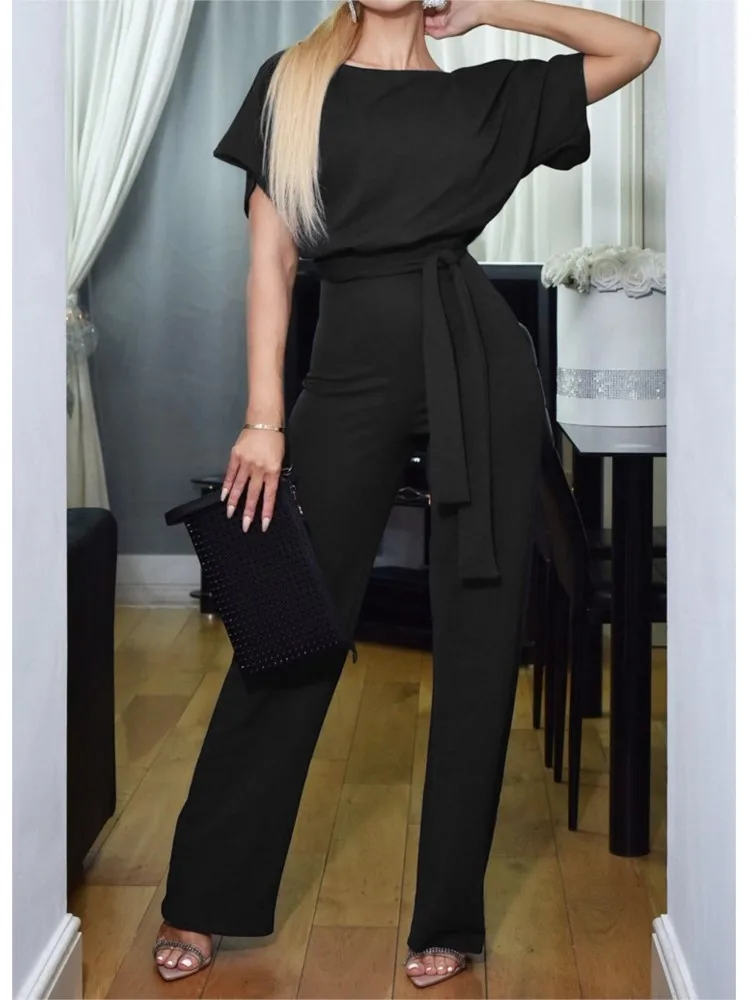 Jumpsuit wanita musim semi musim panas baru warna Solid lengan pendek tinggi pinggang Leace-up Jumpsuit mode elegan Chic Feminino playsuit