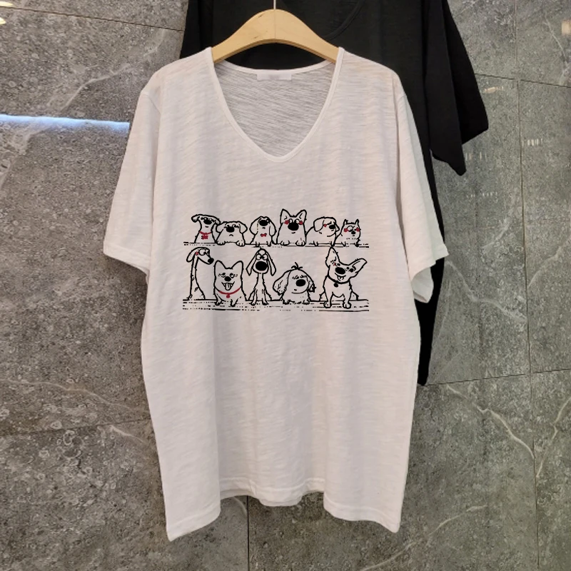 

Loose Fit Bamboo Cotton Short Sleeve Women's T-Shirt Summer Casual V-Neck Print Top Slimming Effect Teenage Feeling