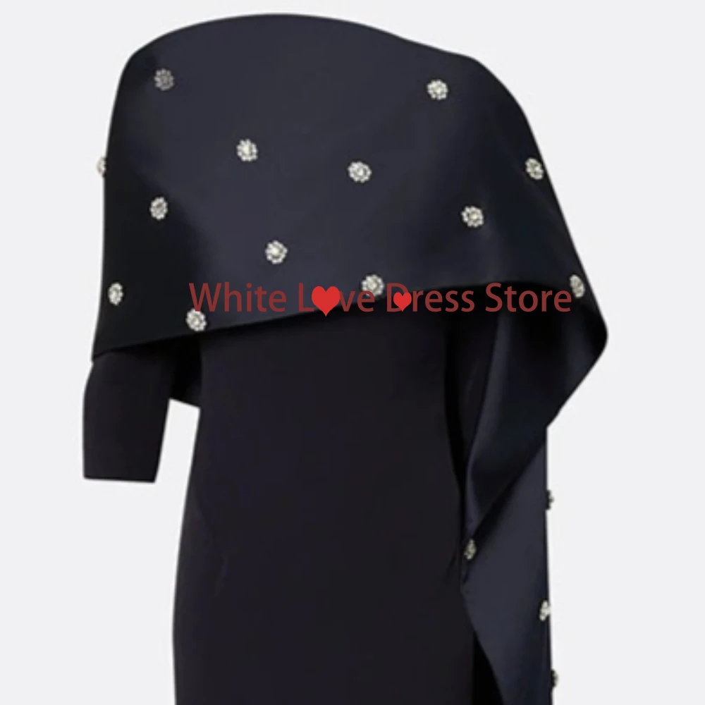 

Elegant Evening Dresses Women's Half Sleeve Jersey Straight Floor Length Prom Gowns Customized Black with Fashion Crystal Gown
