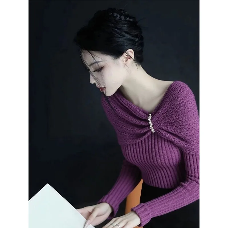 

Фиолетовый вязаный облегающий женский свитер с колючками и узлом, базовый слой для осени и зимы Faion Frenc...