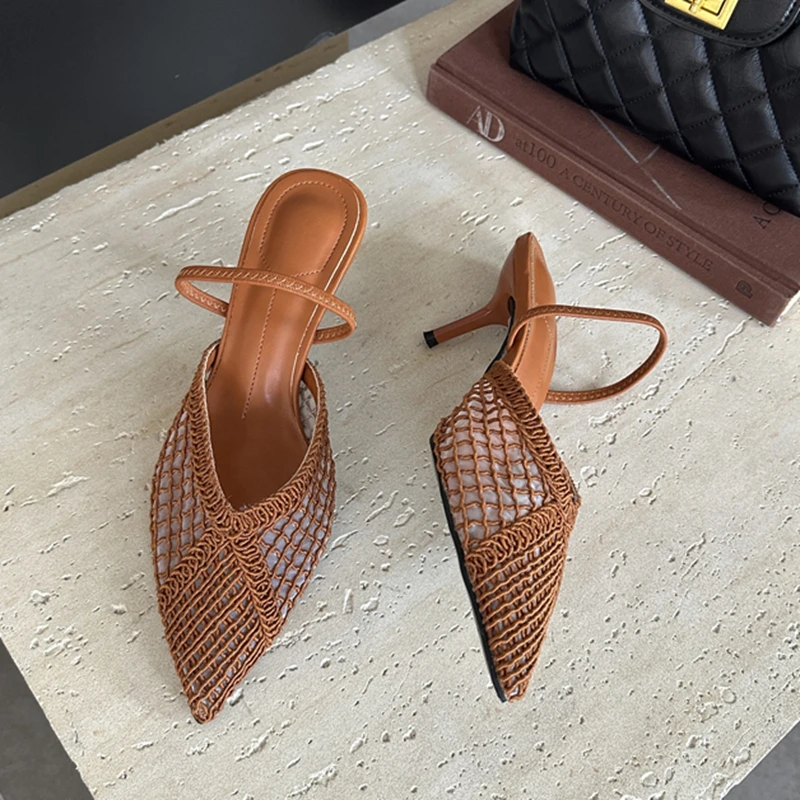 

SUOJIALUN Spring New Brand Women Slipper Fashion Mesh Hollow Slip On Mules Shoes Thin High Heel Pointed Toe Dress Sandal Pumps