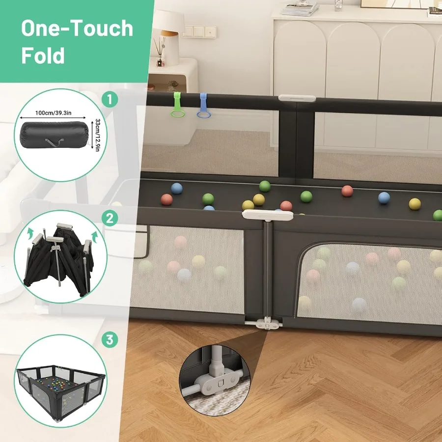Składany kojec dla niemowląt i małych dzieci z matą 185 cm x 155 cm, kojec do zabawy wewnątrz i na zewnątrz z miękkim, oddychającym materiałem M