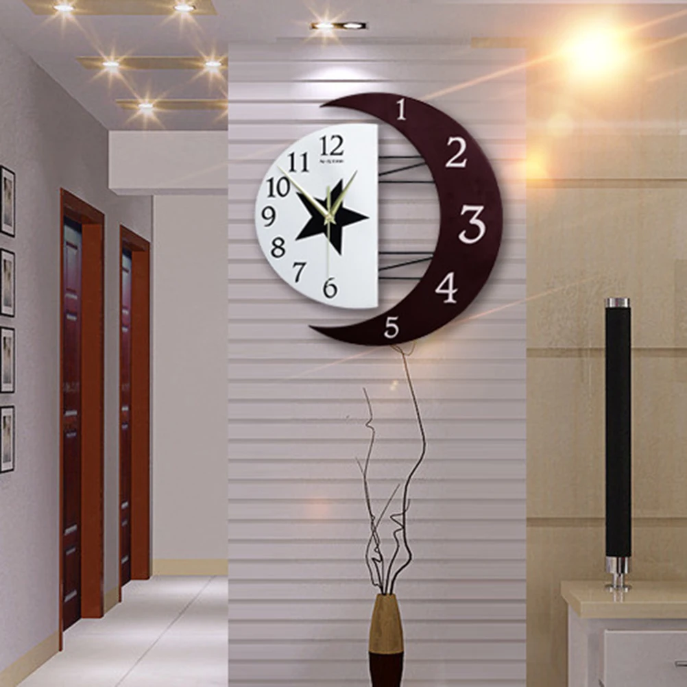 

Creative Moon Creative Wall Clock Wall Clock Quartz Round Silent Sweep Decorative Home Office Living Room Wooden Style
