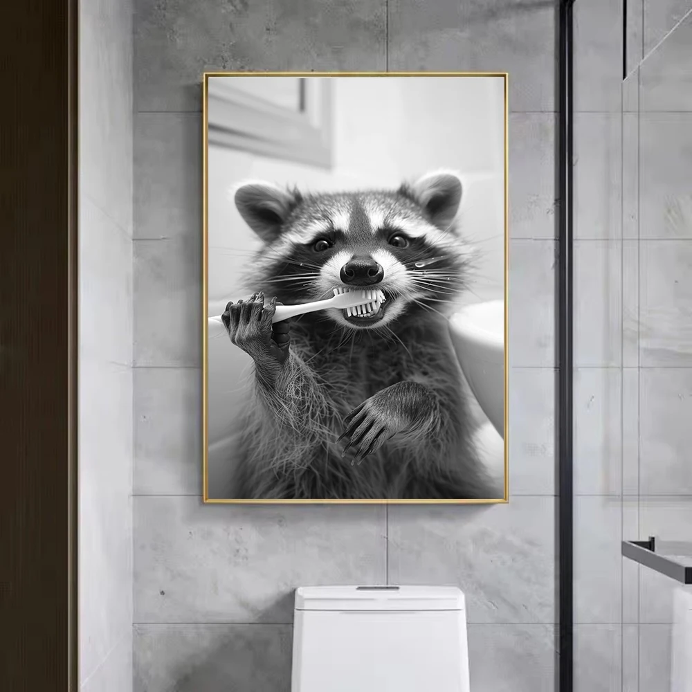 مضحك الحيوانات الياك بالفرشاة الأسنان الحمام أبيض وأسود الملصقات يطبع صورة حائط لوح رسم ديكور فني مرحاض ورق التواليت