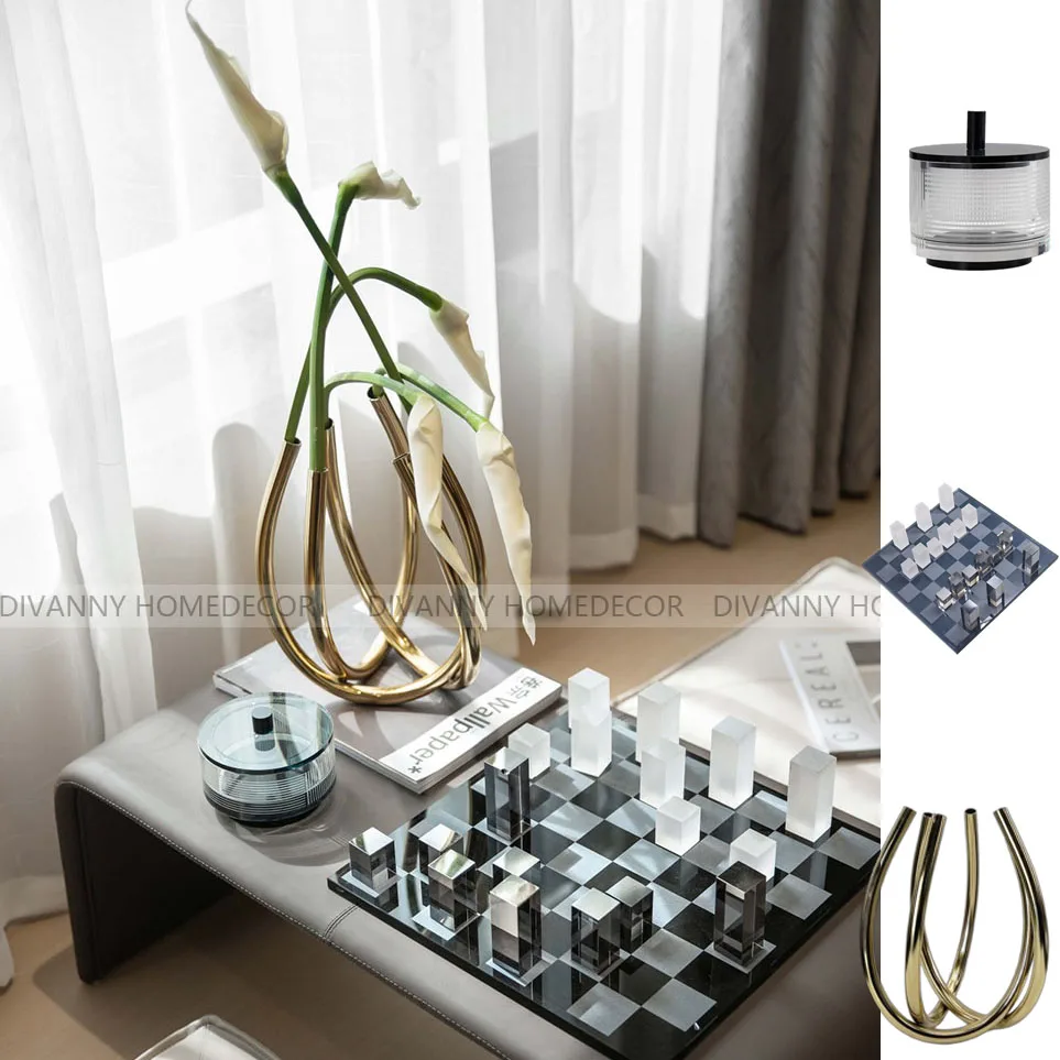 

bay window table jewelry ornament crystal chessboard U-shaped metal flower ornament combination study decoration