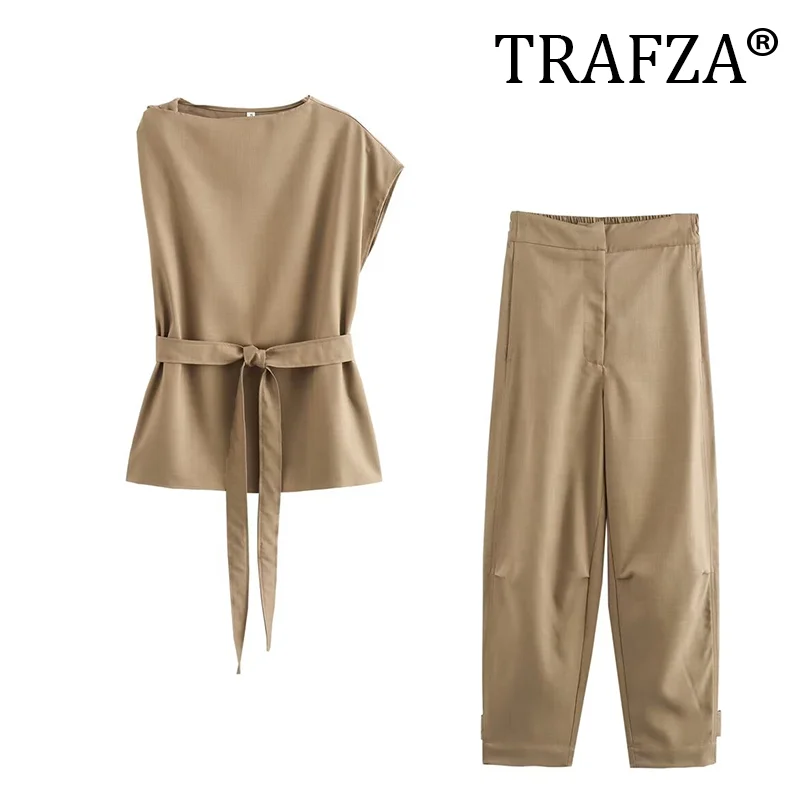 TRAFZA 2024 Summer New Product Women\'s Personalized Asymmetric Round Neck Top High Waist Casual Pants Set