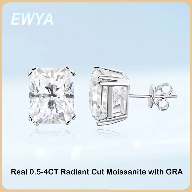 EWYA Luxury 4CT Radiant Emerald Cut D Color Moissanite Stud Earrings for Women Ladies 925 Silver GRA Certified Wedding Earring