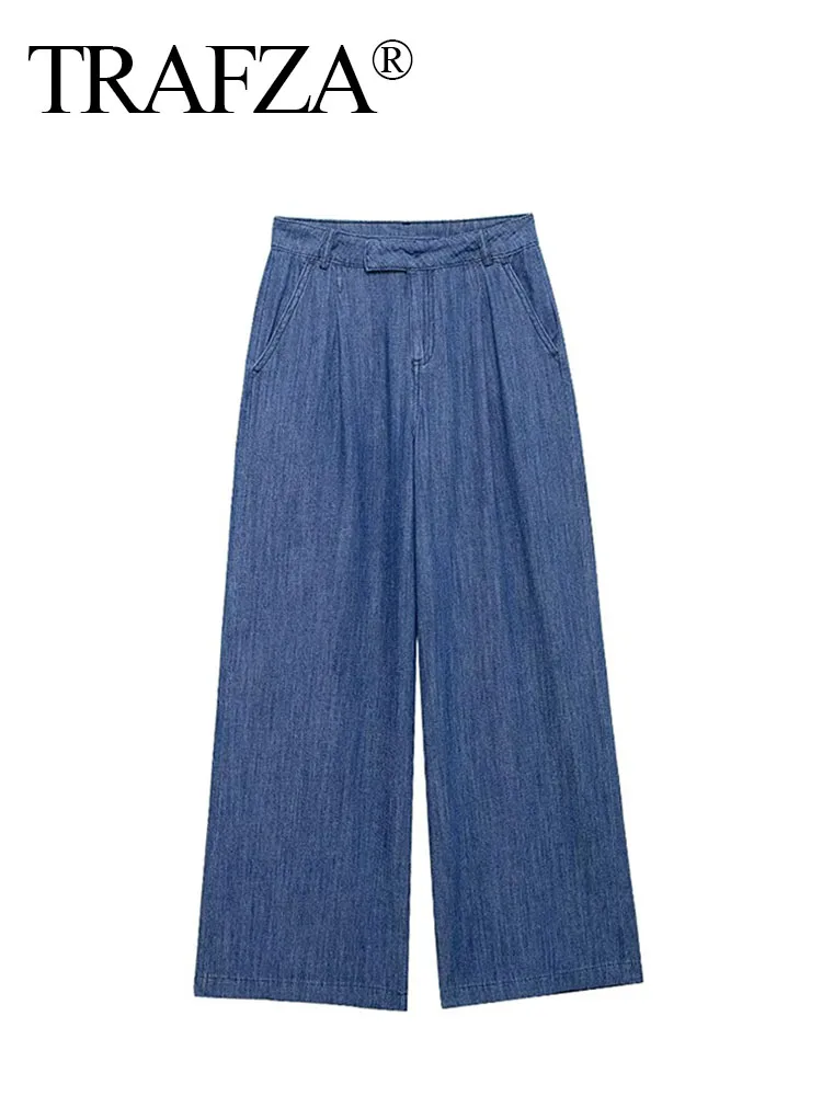 TRAFZA 2024 pantaloni Casual da donna a gamba larga Denim blu tasche a vita alta bottoni pantaloni con cerniera autunno donna pantaloni lunghi alla moda