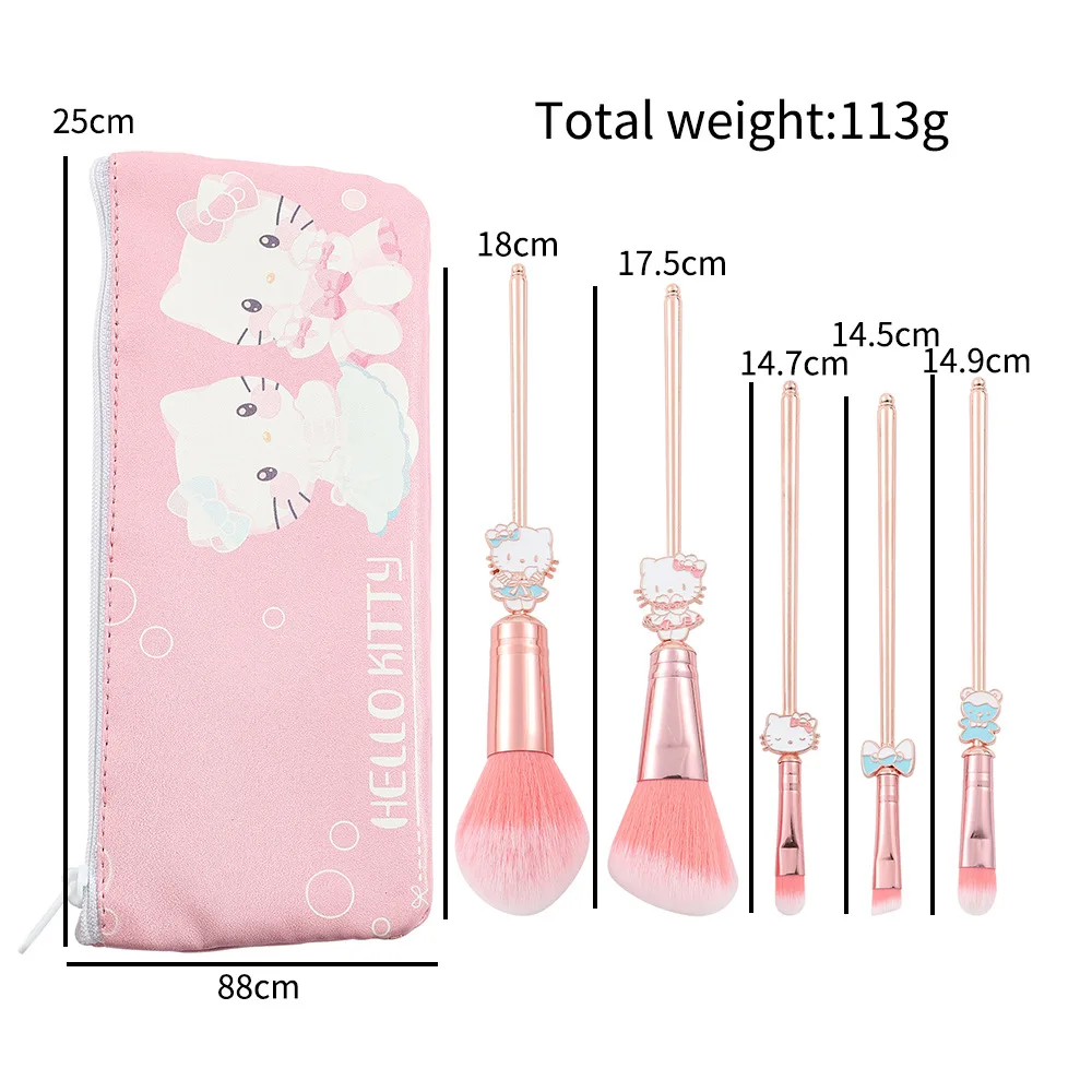 Sanrio Hello Kitty Makeup Brush, Eye Shadow Foundation Blush Blending Beauty Cosmetics Brush with Cute Pink Cosmetic Bags, 5Pcs