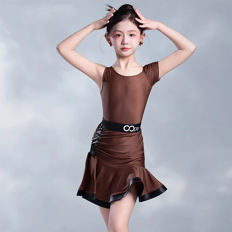 Brown Latin Dance Suit Girl New 2025 Summer Performance Wear Child Cha Cha Rumba Dancing Stage Clothes Ruffle Skirts Set AMY1907