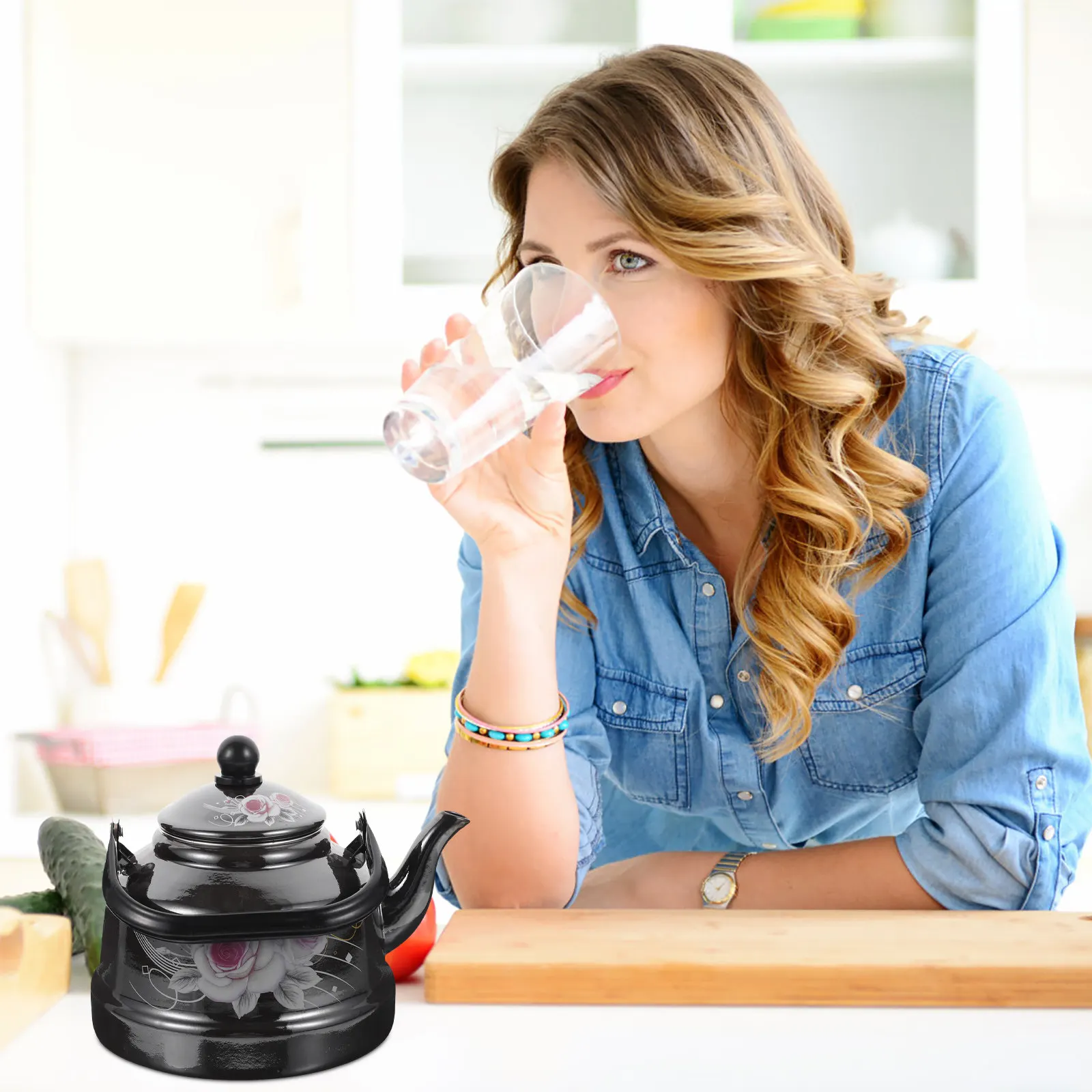 

Черный эмалированный чайник в ретро-стиле, прочный бытовой чайник для кухни, подходит для газовых и индукционных плит