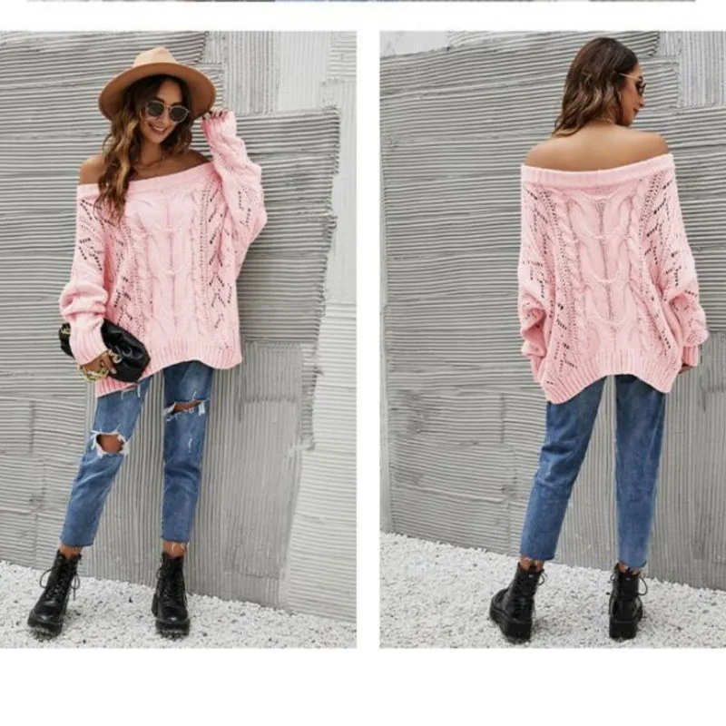 새로운 오프숄더 루즈핏 니트 아마존 원라인 넥 솔리드 컬러 풀오버 스웨터 (여성용)