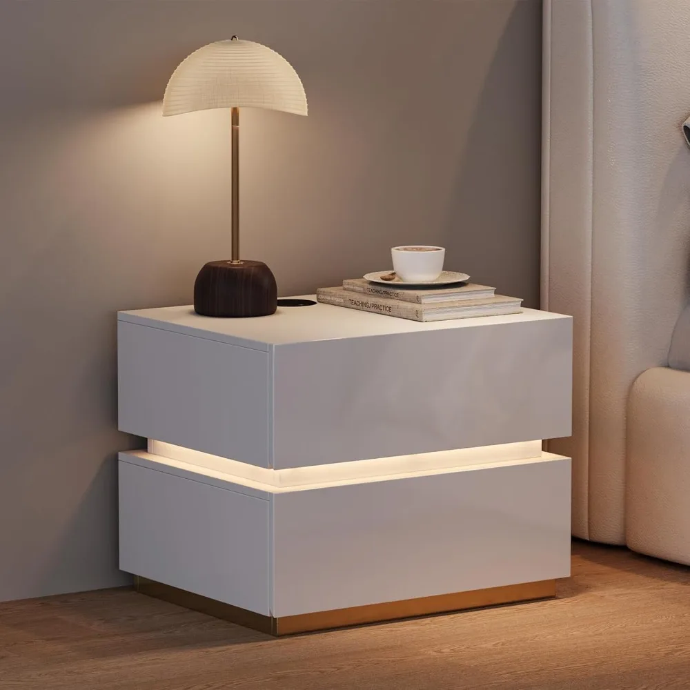 

Smart Nightstand with Wireless Charging Station, USB & Type-C Ports, LED Light, 2 Drawers, Modern White Bedside, Customized